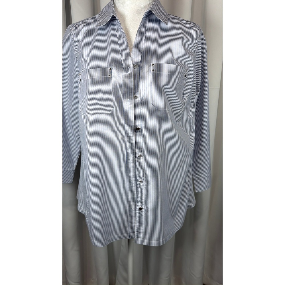 Coral Bay Womens Blue White Striped Button Down Shirt 3/4 Sleeve Studded Pockets